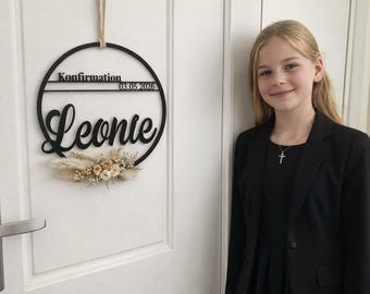 Konfirmation Personalisierter Kranz | Kommunion Türkranz mit Name & Datum | Deko für Tür oder Fenster | Geschenk zur Kommunion - TU2