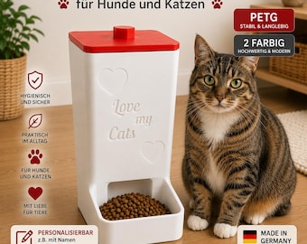 Futterstation für Hunde & Katzen | Automatischer Futterspender mit Herz | Personalisierbar mit Name | Futtersilo | PLA 3D-Druck- BV10