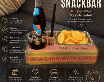 Edle Snackbar mit Hochwertiger Glasschale – Couchbar personalisiert  Sofa Snackbox mit Getränkehalter & Fernbedienungsfach - BU91