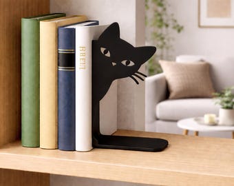 Peeking Black Cat Bookend 3D Printed – Minimalist Cat Bookend – Modern Bookshelf Decor Gift for Cat Lovers - BU15