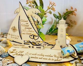 Golden Wedding Anniversary, 50th Anniversary, Personalized Ship, Lighthouse, Palm Tree & Holder, Money Gift, Wood, Your Text, Handmade, A11