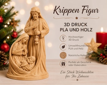 Heilige Familie Krippe Holzstatue – Jesus Kind Maria Josef Figur – 3D Druck & Holzoptik – Katholische Weihnachtsdeko – Geschenk - BU39