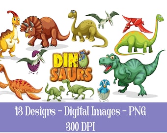 May include: A set of 13 digital images featuring various dinosaurs in cartoon style. The dinosaurs are colourful and include a green T-Rex, a yellow and orange dinosaur with a long neck, a green dinosaur with a red crest, and a brown dinosaur with three horns. The text "Dino Saurs" is also included in the image.