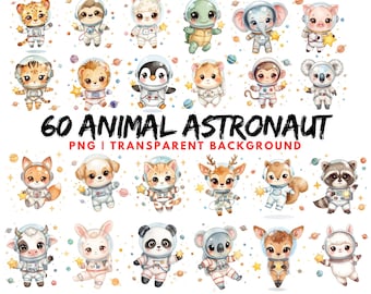 60 Watercolor Astronauts Animal Clipart Bundle, Space Animals PNG, Cute Little Animal Nursery Decor, Zoo Baby Shower Graphics, Sublimation