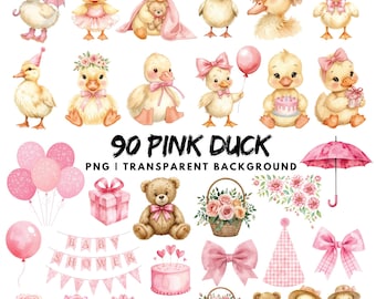 Silly Duck Baby Shower Clipart, Pink Duck with Balloon, Watercolor Decor, Cute Vintage Farm Animal, Whimsical Nursery Art, PNG Files