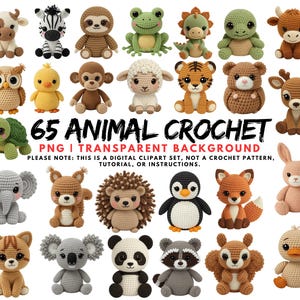 65 Crochet Safari Animal PNG, Cute Amigurumi Crochet Yarn Clipart, Junk Journal Paper Craft, Latch Hook Faux Style Cozy Knitted, Sublimation