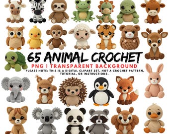 65 Crochet Safari Animal PNG, Cute Amigurumi Crochet Yarn Clipart, Junk Journal Paper Craft, Latch Hook Faux Style Cozy Knitted, Sublimation
