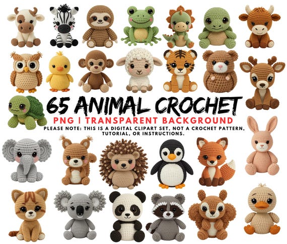 65 Crochet Safari Animal PNG, Cute Amigurumi Crochet Yarn Clipart, Junk Journal Paper Craft, Latch Hook Faux Style Cozy Knitted, Sublimation