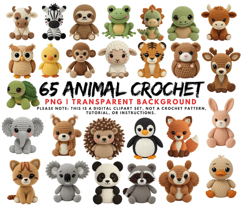 65 Crochet Safari Animal PNG, Cute Amigurumi Crochet Yarn Clipart, Junk Journal Paper Craft, Latch Hook Faux Style Cozy Knitted, Sublimation image 1