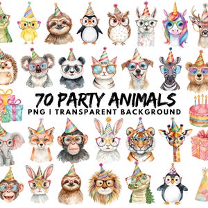 May include: Watercolor illustrations of 70 party animals, including a sloth, penguin, and owl, all wearing party hats and glasses. The image includes the text "70 PARTY ANIMALS PNG I TRANSPARENT BACKGROUND". There are also gift boxes and a cake.