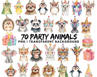 70 Watercolor Party Animal PNG Clipart, Cute Animals Birthday Party, Colorful High Quality Jungle Animal, Zoo Theme, Safari, Printable Decor