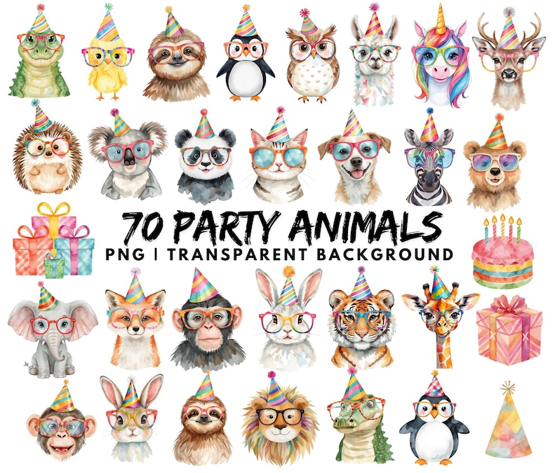 May include: Watercolor illustrations of 70 party animals, including a sloth, penguin, and owl, all wearing party hats and glasses. The image includes the text "70 PARTY ANIMALS PNG I TRANSPARENT BACKGROUND". There are also gift boxes and a cake.