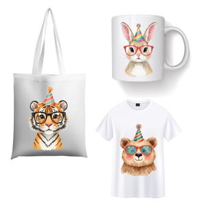 May include: A white tote bag, coffee mug, and t-shirt featuring animal illustrations. The tote bag has a tiger wearing glasses and a party hat. The mug has a rabbit wearing glasses and a party hat. The t-shirt has a bear wearing sunglasses and a party hat.