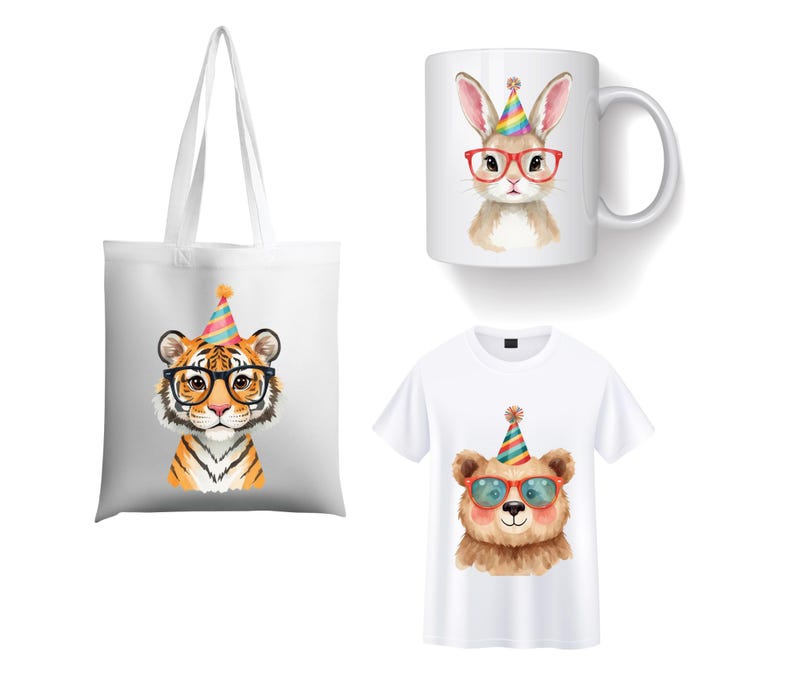 May include: A white tote bag, coffee mug, and t-shirt featuring animal illustrations. The tote bag has a tiger wearing glasses and a party hat. The mug has a rabbit wearing glasses and a party hat. The t-shirt has a bear wearing sunglasses and a party hat.