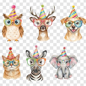 May include: Watercolor illustrations of six animals wearing party hats and glasses. The animals include an owl, deer, dog, cat, zebra, and elephant. Each animal has a unique color scheme for their glasses and party hat, creating a festive and whimsical design.