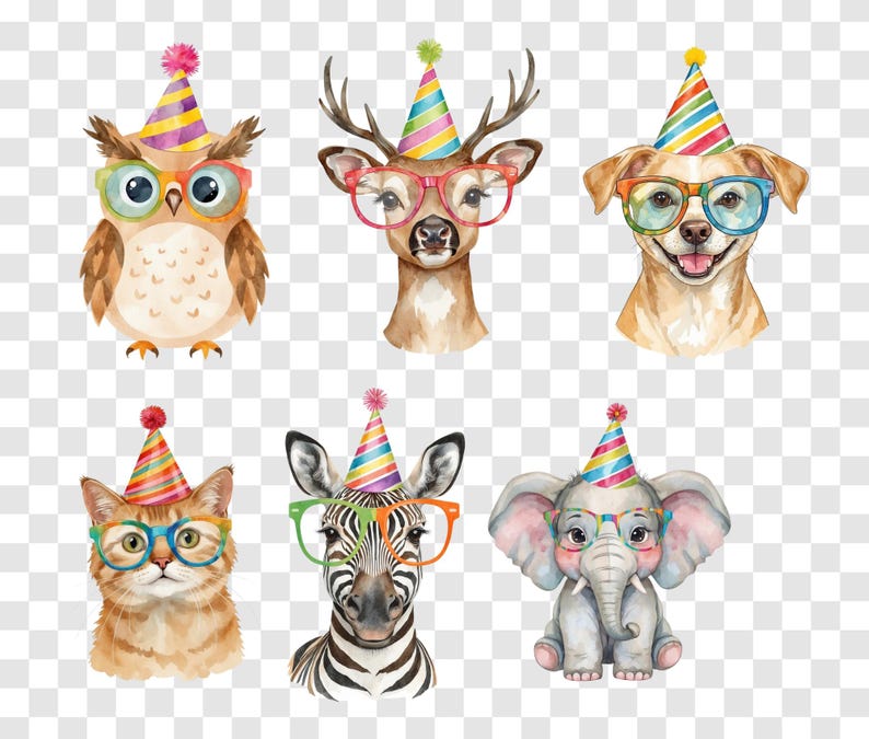 May include: Watercolor illustrations of six animals wearing party hats and glasses. The animals include an owl, deer, dog, cat, zebra, and elephant. Each animal has a unique color scheme for their glasses and party hat, creating a festive and whimsical design.