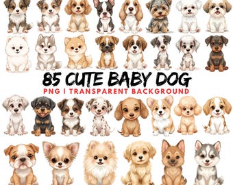 85 Watercolor Cute Puppy, Kawaii Baby Dog, Dogs Clipart, Animals PNG, Sublimation, Birthday decor, Nursery Wall Art, Graphic Bundles