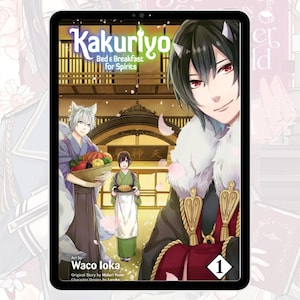 Puede incluir: La portada del volumen 1 del manga titulado Kakuriyo Bed & Breakfast for Spirits muestra a tres personajes frente a un edificio tradicional. Una figura de pelo blanco con cuernos está en primer plano, mientras otros dos sostienen alimentos.