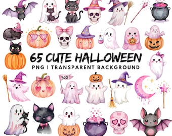 65 Clipart Halloween mignon aquarelle, fantôme, citrouille pastel PNG Bundle, clipart citrouille pastel, illustrations d'Halloween kawaii, effrayant mignon