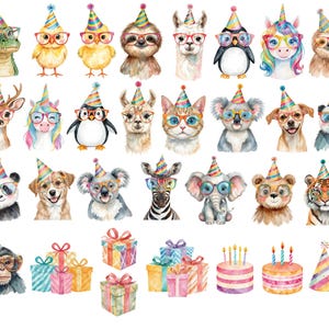 May include: Watercolor illustrations of various animals, including a lizard, birds, sloth, llama, penguin, unicorn, deer, cat, koala, dog, panda, zebra, elephant, bear, and tiger, all wearing party hats and glasses. Also includes gift boxes and cakes.