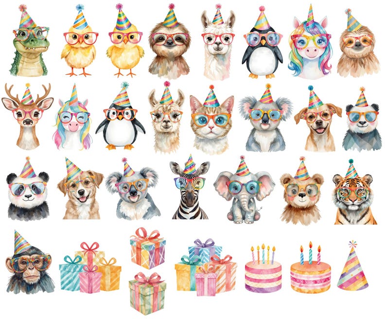 May include: Watercolor illustrations of various animals, including a lizard, birds, sloth, llama, penguin, unicorn, deer, cat, koala, dog, panda, zebra, elephant, bear, and tiger, all wearing party hats and glasses. Also includes gift boxes and cakes.