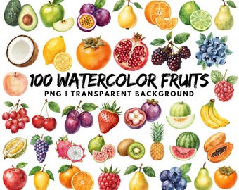 100 Aquarell Früchte PNG, Fruit Clipart Bundle, Sublimation, Apfel Banane Erdbeere Wassermelone, Werbung, Lebensmittelaufkleber Becher, Shirt Design