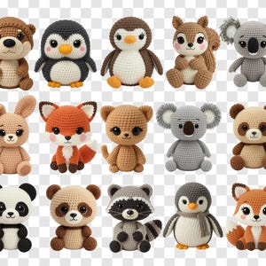 May include: A collection of crocheted animal plushies, including a bear, penguin, fox, koala, and panda. Each plushie is crafted with detailed stitching and features distinct characteristics, such as the fox's orange and white fur and the panda's black and white markings.