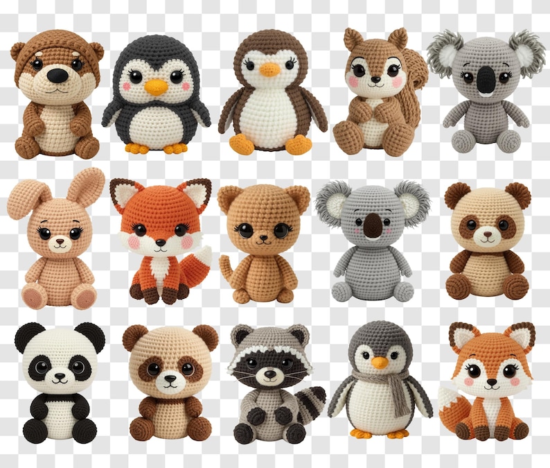 May include: A collection of crocheted animal plushies, including a bear, penguin, fox, koala, and panda. Each plushie is crafted with detailed stitching and features distinct characteristics, such as the fox's orange and white fur and the panda's black and white markings.