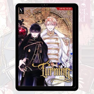May include: A digital illustration on a tablet screen featuring two characters in ornate attire. One character wears a black military-style uniform, while the other wears a white and gold ensemble. The text "Turning" is displayed in gold.