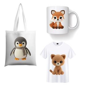 May include: A white tote bag, coffee mug, and t-shirt featuring crochet animal designs. The tote bag displays a penguin with a scarf. The mug has a fox, and the t-shirt shows a bear. All items have a white background.
