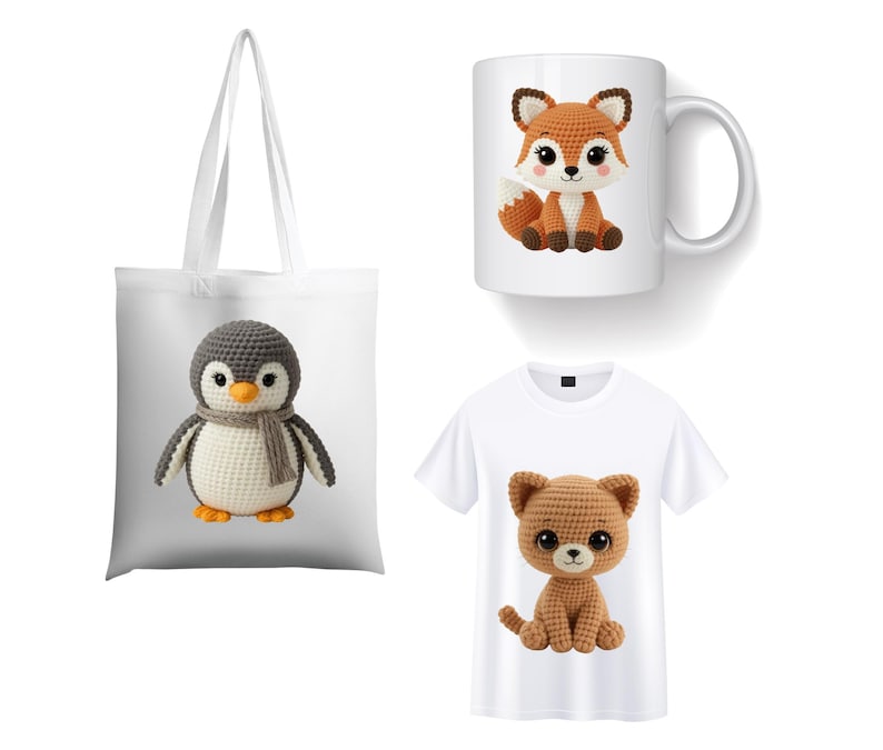 May include: A white tote bag, coffee mug, and t-shirt featuring crochet animal designs. The tote bag displays a penguin with a scarf. The mug has a fox, and the t-shirt shows a bear. All items have a white background.