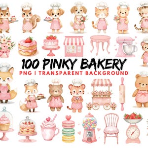 May include: Watercolor illustration of various bakery-themed elements. Includes cartoon animals in chef hats and aprons, cakes, a pink mixer, a gumball machine, and the text "100 Pinky Bakery".