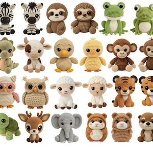May include: A collection of adorable, handmade crochet animal toys, including a zebra, sloth, frog, duck, monkey, owl, lamb, tiger, turtle, deer, elephant, and otter. Each toy features detailed stitching and charming expressions, perfect for children.
