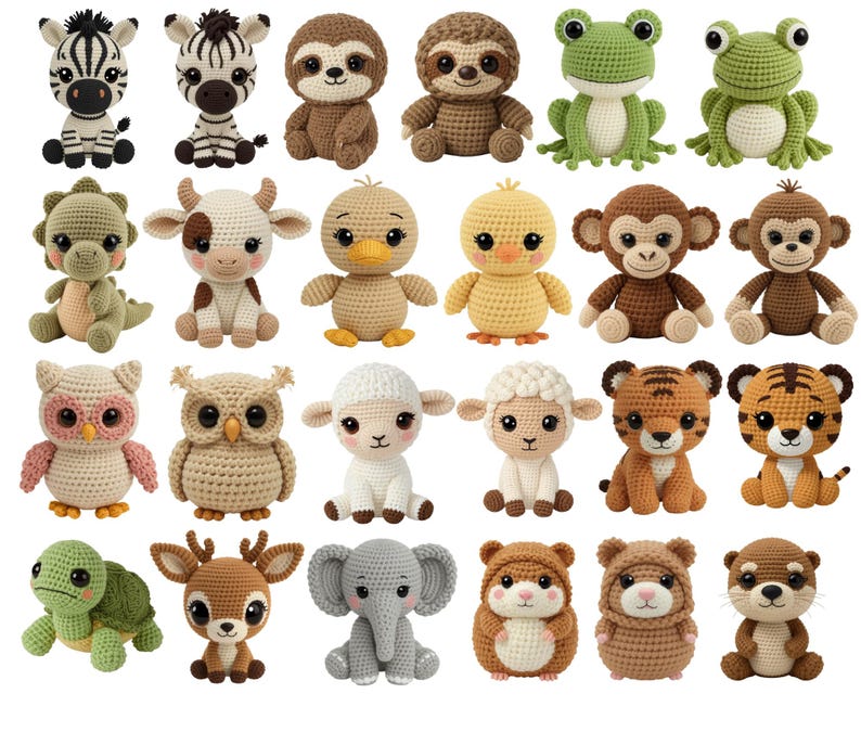 May include: A collection of adorable, handmade crochet animal toys, including a zebra, sloth, frog, duck, monkey, owl, lamb, tiger, turtle, deer, elephant, and otter. Each toy features detailed stitching and charming expressions, perfect for children.