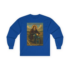 Motorcyclist Saint Columbanus Shirt Long Sleeve Cotton Tee Religious Biker Catholic Apparel Comfortable Wear Durable Gift Christian Clothes imagem 10