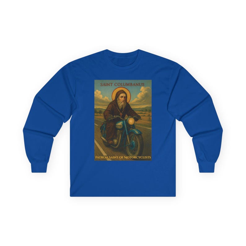 Motorcyclist Saint Columbanus Shirt Long Sleeve Cotton Tee Religious Biker Catholic Apparel Comfortable Wear Durable Gift Christian Clothes imagem 10