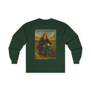 Motorcyclist Saint Columbanus Shirt Long Sleeve Cotton Tee Religious Biker Catholic Apparel Comfortable Wear Durable Gift Christian Clothes imagem 7