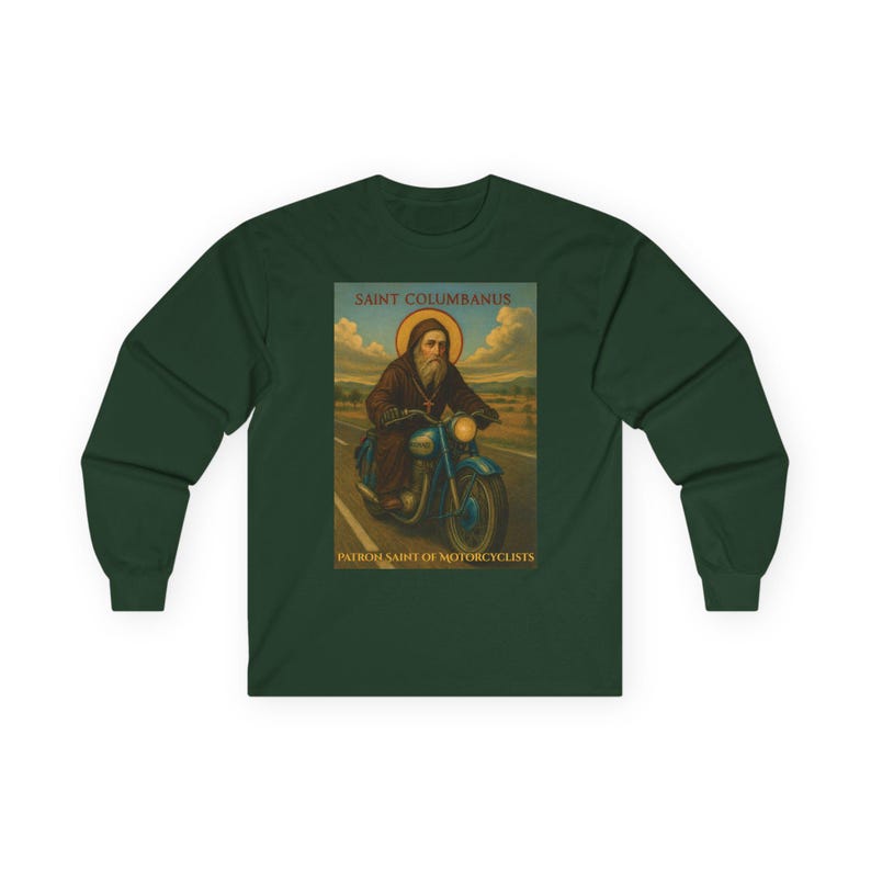 Motorcyclist Saint Columbanus Shirt Long Sleeve Cotton Tee Religious Biker Catholic Apparel Comfortable Wear Durable Gift Christian Clothes imagem 7