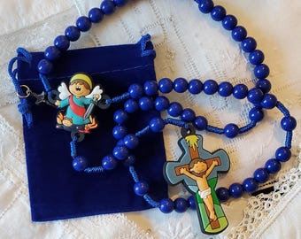 Terço infantil, material didático para catecismo católico, contas de oração, Pai Nosso, São Miguel Arcanjo, presente da Primeira Comunhão, batismo, catequese.