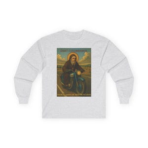 Durable Cotton Shirt Long Sleeve Tee Motorcyclist Saint Design Religious Biker Apparel Catholic Faith Expression Comfortable Daily Wear Premium Material Construction Taped Shoulders No Side Seams Perfect Gift Idea Motorcycle Enthusiast