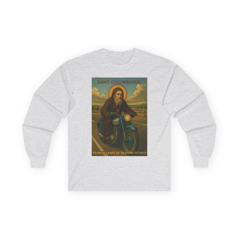 Durable Cotton Shirt Long Sleeve Tee Motorcyclist Saint Design Religious Biker Apparel Catholic Faith Expression Comfortable Daily Wear Premium Material Construction Taped Shoulders No Side Seams Perfect Gift Idea Motorcycle Enthusiast