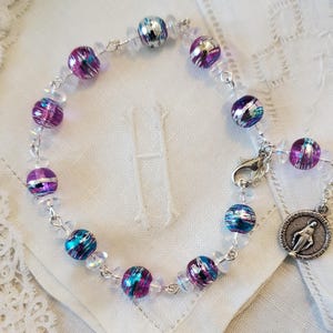 Purple Rosary Bracelet Catholic Gift for Girl Prayer Jewelry Religious Accessory Miraculous Medal Italian Design Handmade Linked Tenner