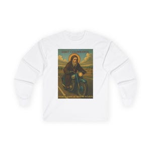 Versatile Religious Shirt Long Sleeve Cotton Tee Motorcyclist Saint Design Catholic Biker Apparel Comfortable Daily Wear Premium Material Quality Construction Taped Shoulders Classic Fit Unisex Style Perfect Gift Idea Faith Expression