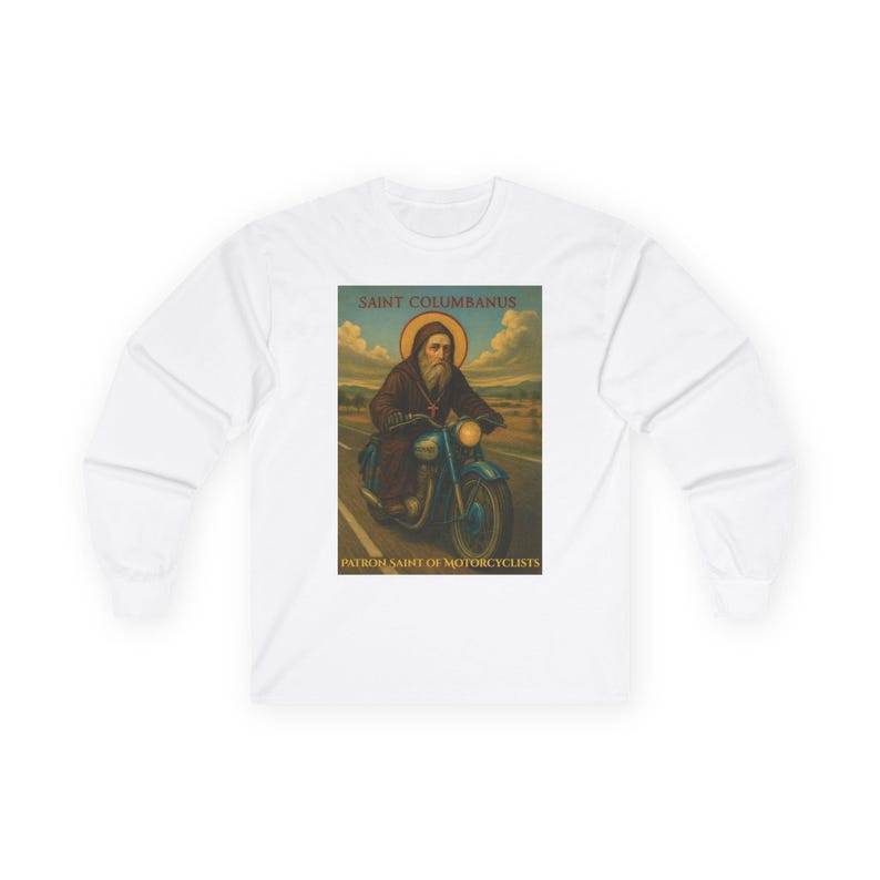 Versatile Religious Shirt Long Sleeve Cotton Tee Motorcyclist Saint Design Catholic Biker Apparel Comfortable Daily Wear Premium Material Quality Construction Taped Shoulders Classic Fit Unisex Style Perfect Gift Idea Faith Expression