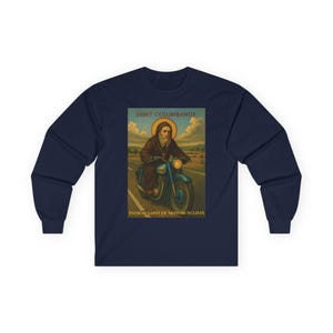 Motorcyclist Saint Columbanus Shirt Long Sleeve Cotton Tee Religious Biker Catholic Apparel Comfortable Wear Durable Gift Christian Clothes imagem 9