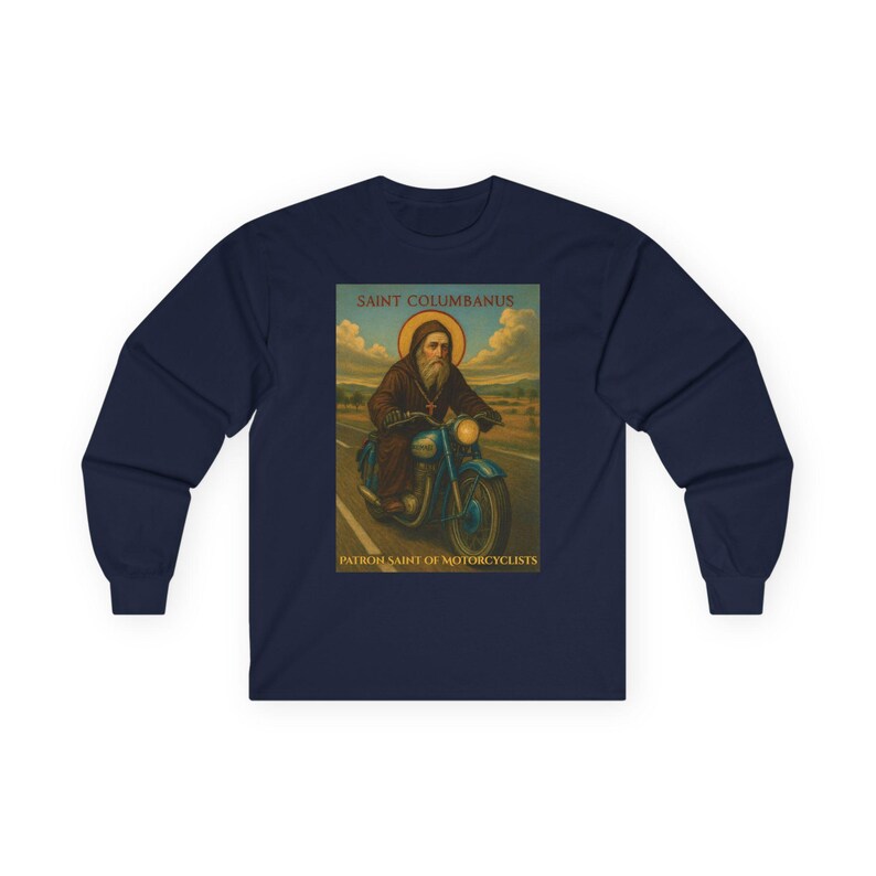 Motorcyclist Saint Columbanus Shirt Long Sleeve Cotton Tee Religious Biker Catholic Apparel Comfortable Wear Durable Gift Christian Clothes imagem 9