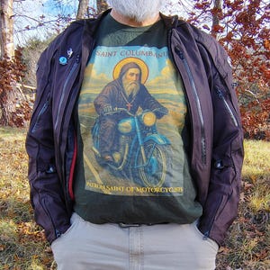Motorcyclist Saint Shirt Long Sleeve Cotton Tee Religious Biker Catholic Apparel Comfortable Wear Durable Gift Christian Clothing Unisex Top Faith Expression Premium Material Classic Design Perfect Present Motorcycle Enthusiast Catholic