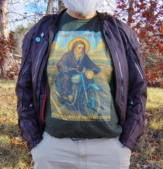Motorcyclist Saint Columbanus Shirt Long Sleeve Cotton Tee Religious Biker Catholic Apparel Comfortable Wear Durable Gift Christian Clothes
