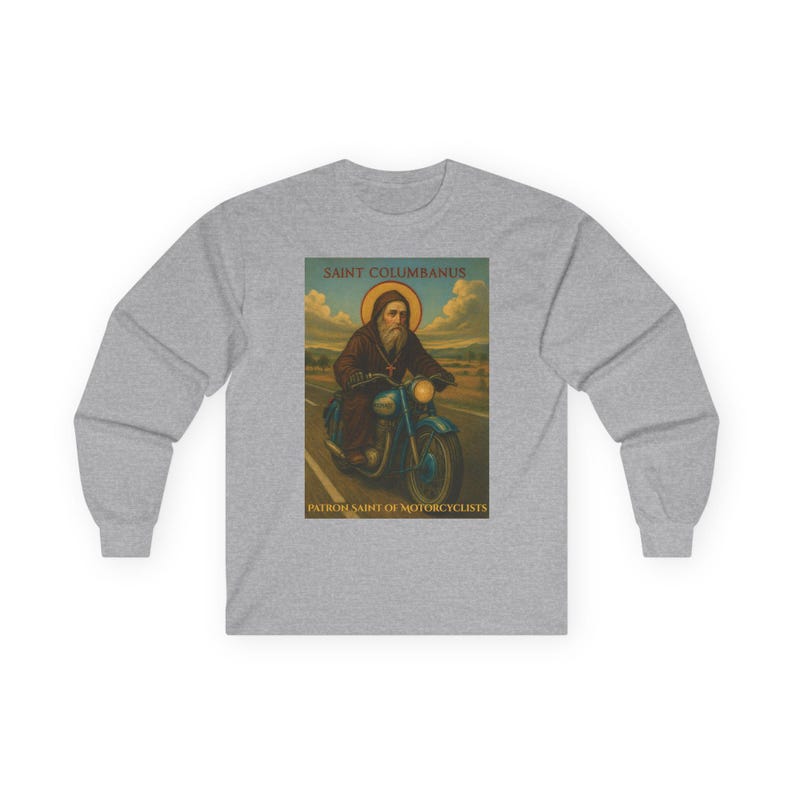 Motorcyclist Saint Columbanus Shirt Long Sleeve Cotton Tee Religious Biker Catholic Apparel Comfortable Wear Durable Gift Christian Clothes imagem 6