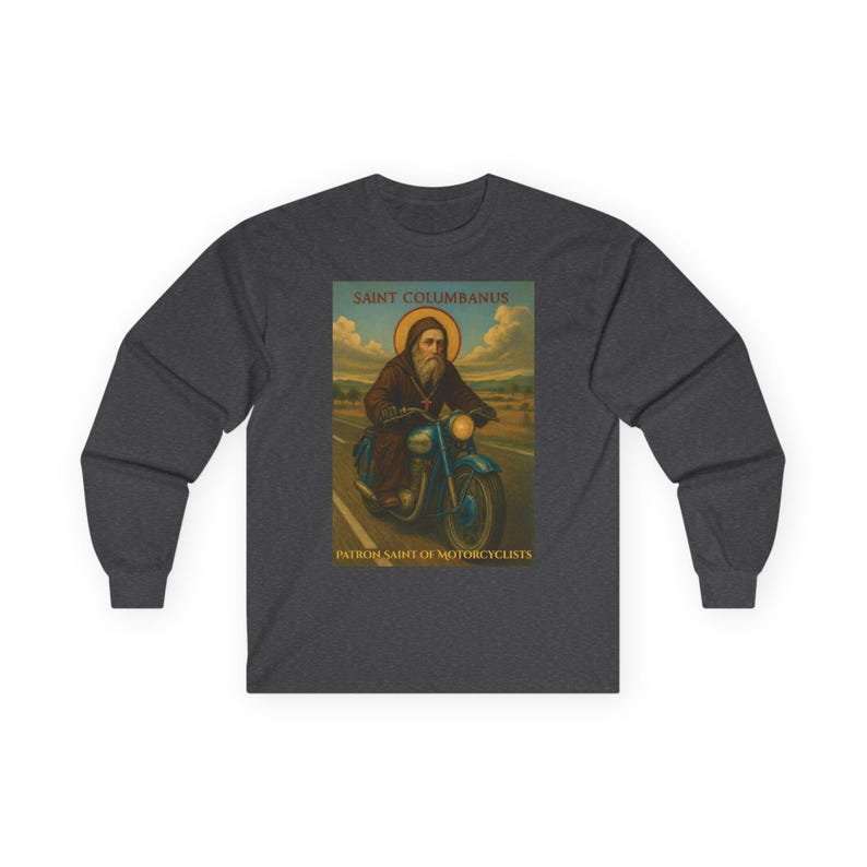 Motorcyclist Saint Columbanus Shirt Long Sleeve Cotton Tee Religious Biker Catholic Apparel Comfortable Wear Durable Gift Christian Clothes imagem 8